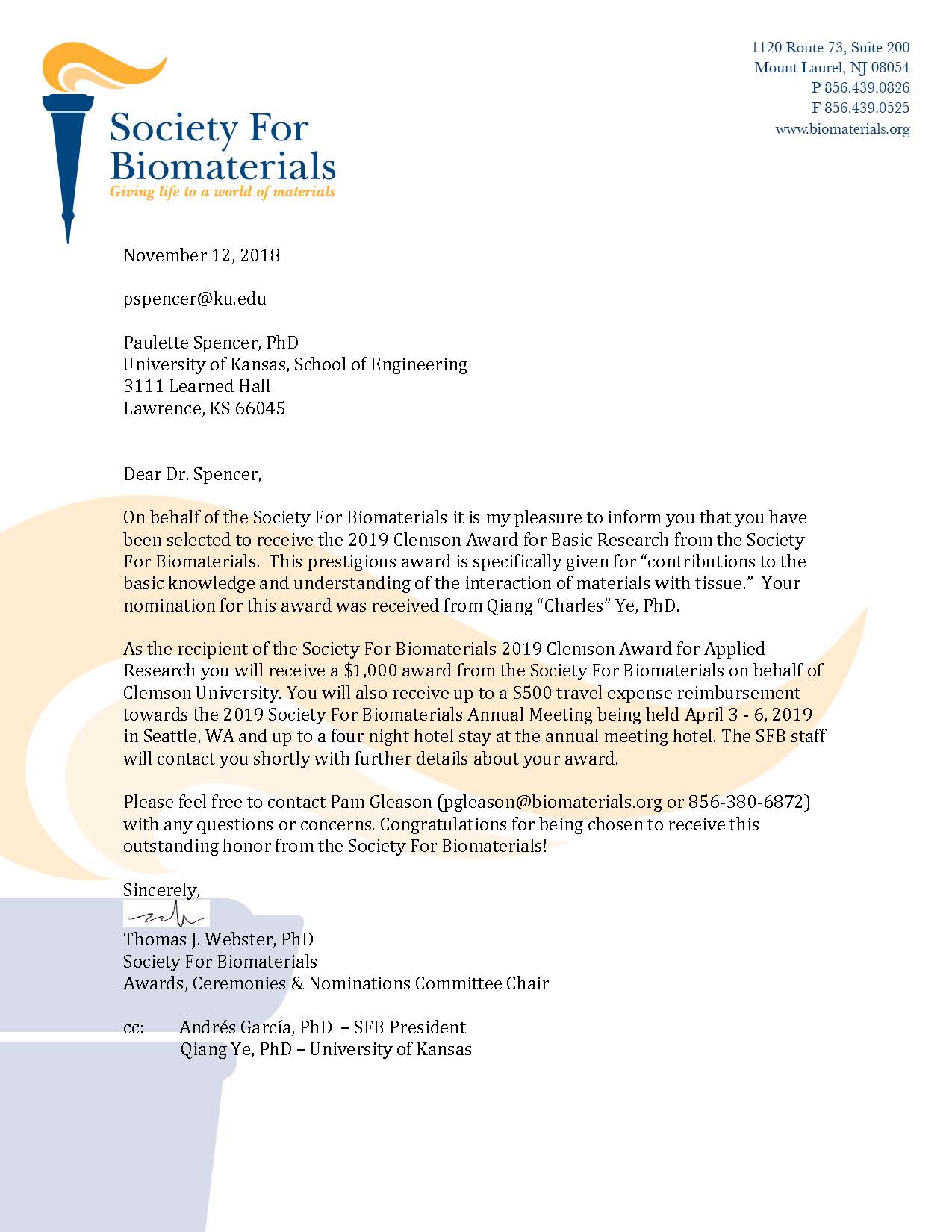 2019 Clemson Award for Basic Research from the Society For Biomaterials to Dr. Paulette Spencer